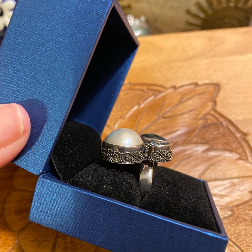 Beautiful Vintage Sterling Silver bypass ring with pearl and blue topaz - Picture 3 of 8